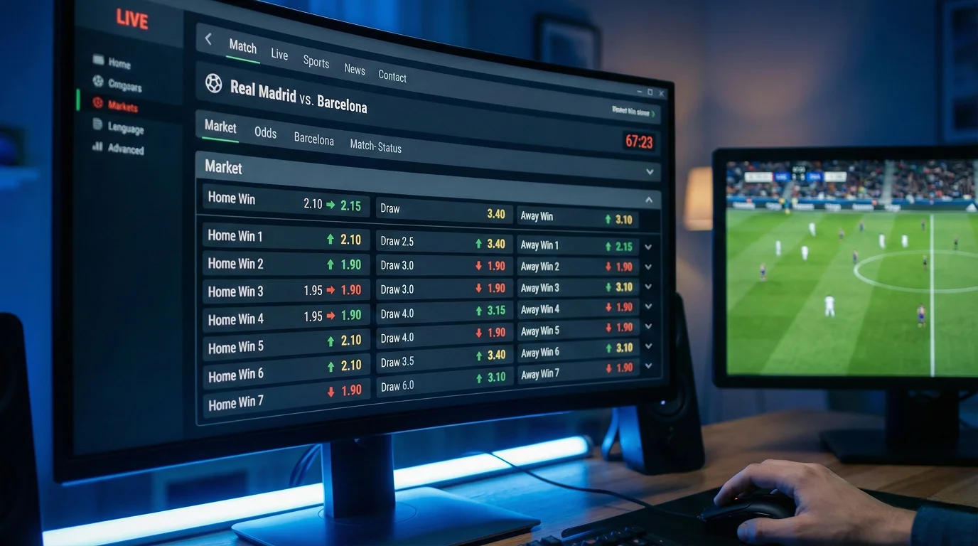 Ilustração de ecrã de computador a mostrar odds a mudar em tempo real durante um jogo de futebol