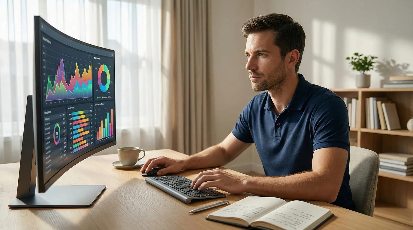 Apostador profissional a analisar odds e dados estatísticos num ambiente de trabalho moderno