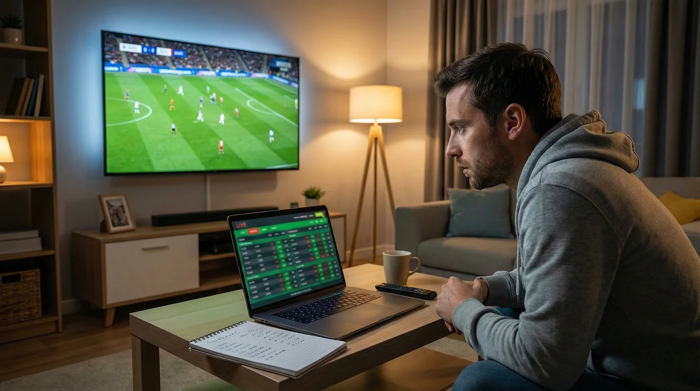 Apostador focado a assistir a um jogo de futebol ao vivo enquanto analisa dados no portátil