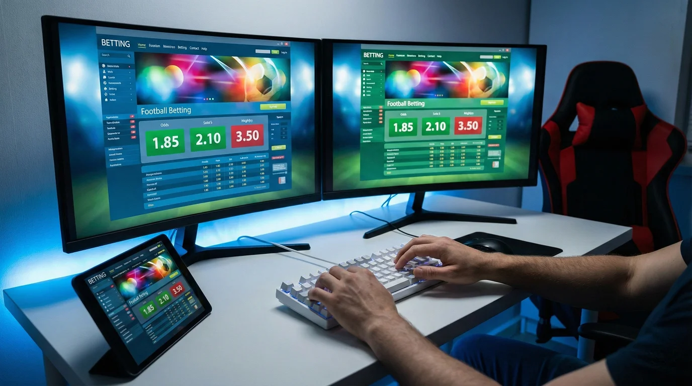 Ambiente de trabalho com múltiplos monitores a mostrar comparação de odds de diferentes casas de apostas