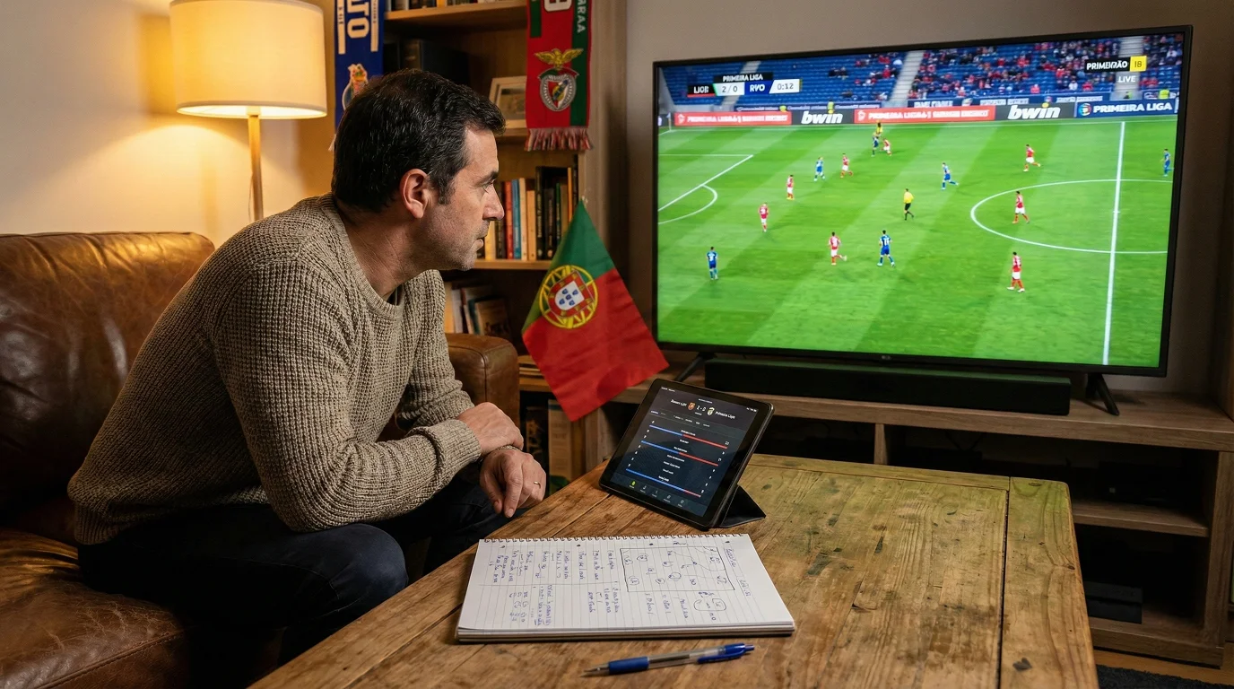 Adepto português a assistir a um jogo da Liga Portugal num ambiente caseiro com bloco de notas para análise