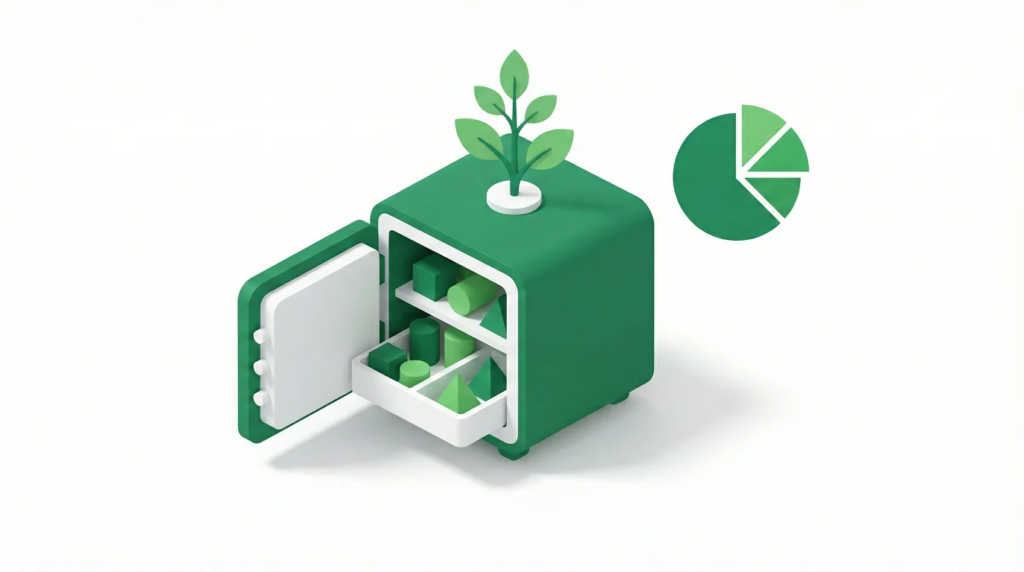 Ilustração de gestão organizada de capital para apostas de valor com conceito de cofre e alocação de recursos
