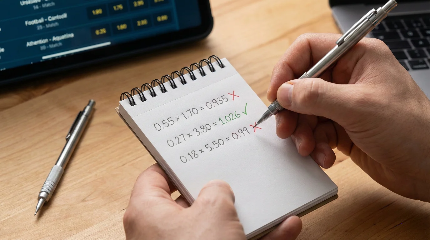 Mão a escrever verificação rápida de valor em bloco de notas com fórmula simples probabilidade vezes odd