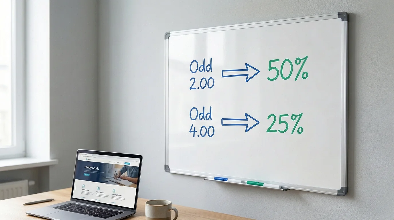 Diagrama visual simples a mostrar a conversão de odds decimais para probabilidades em percentagem