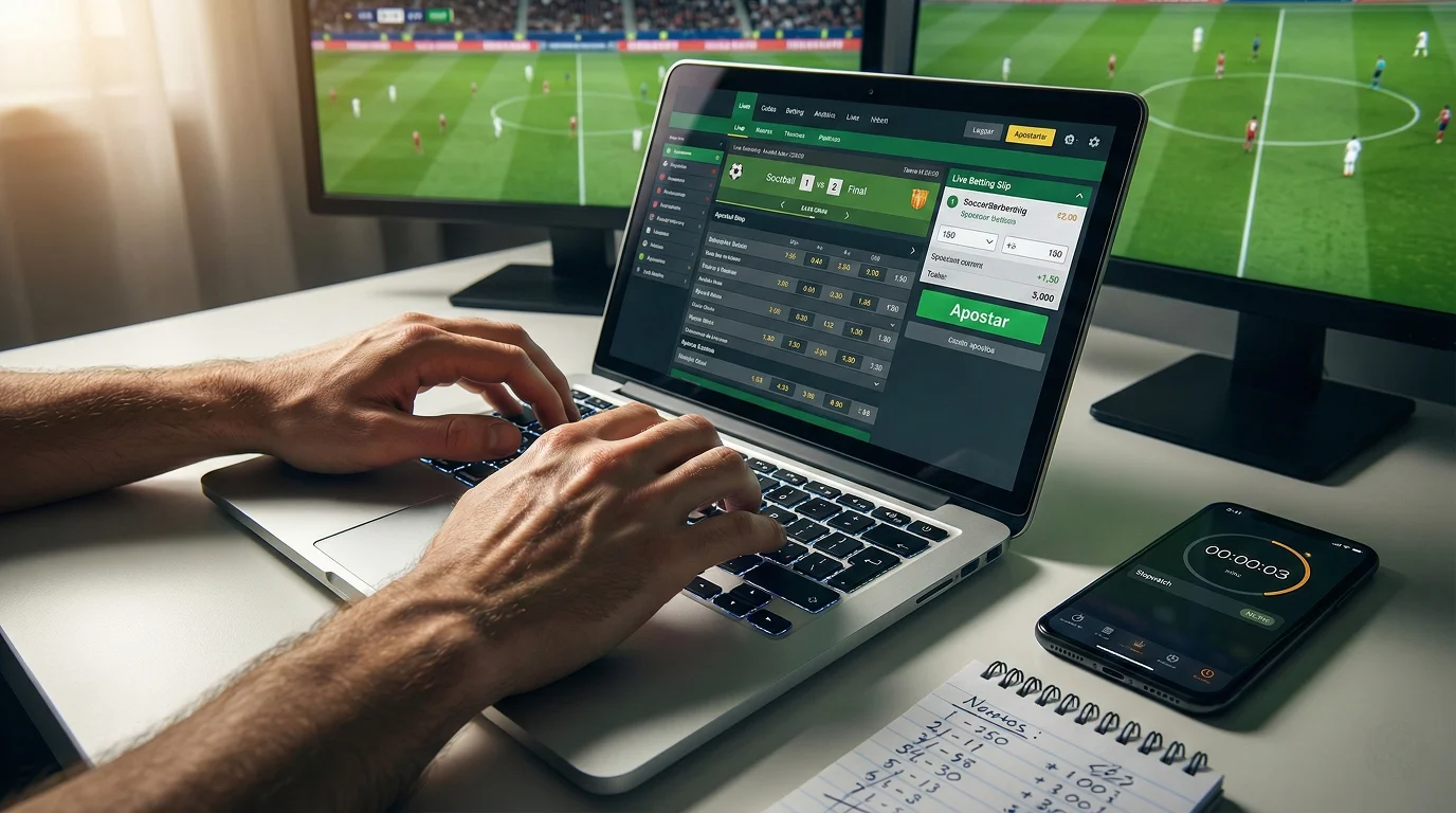 Mãos a digitar rapidamente num portátil com um jogo de futebol visível num segundo ecrã